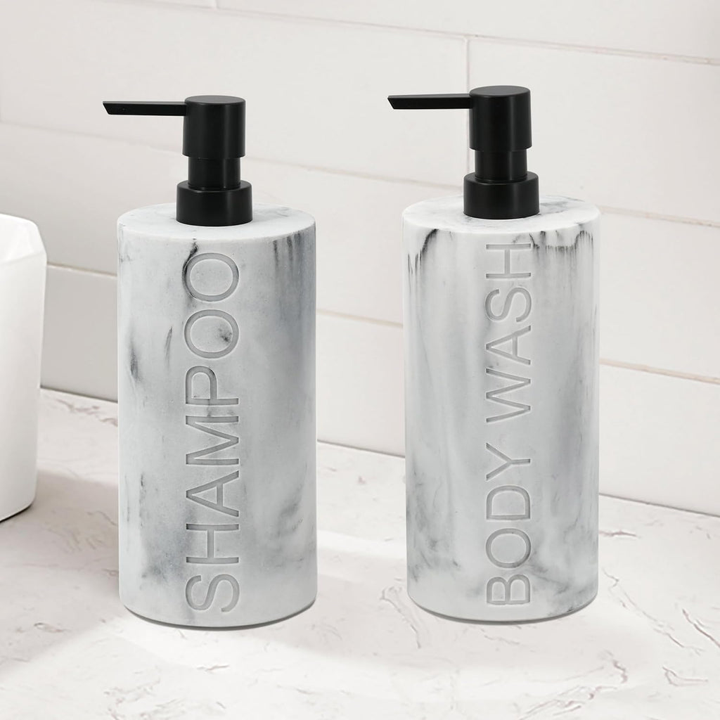 Marble Resin 2 Piece Shampoo and Body Wash Dispenser Set, Luxurious Refillable Pump Bottles with