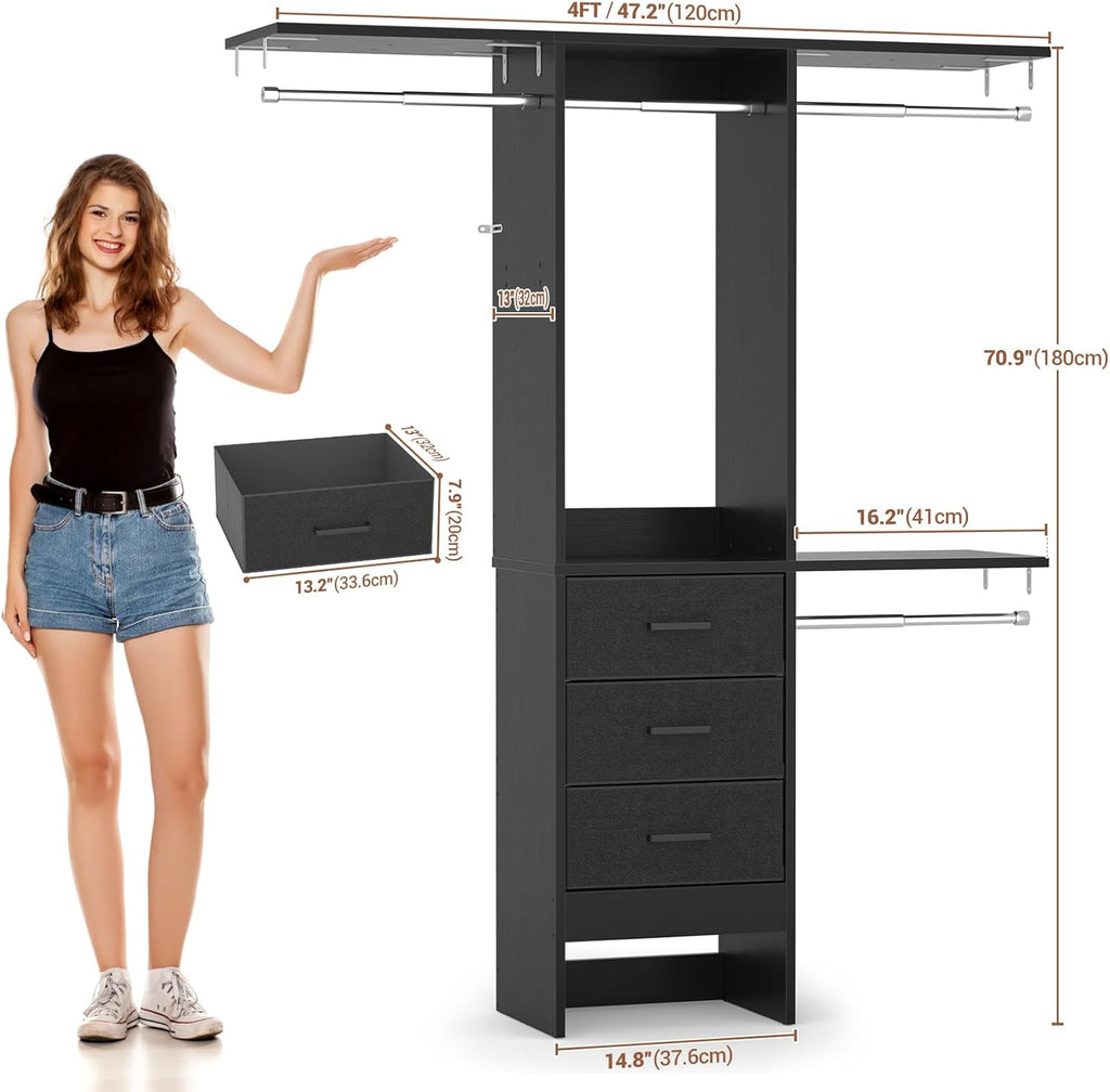 4FT Small Closet System with 3 Fabric Drawers, 48'' Closet Organizer System With 3 Adjustable