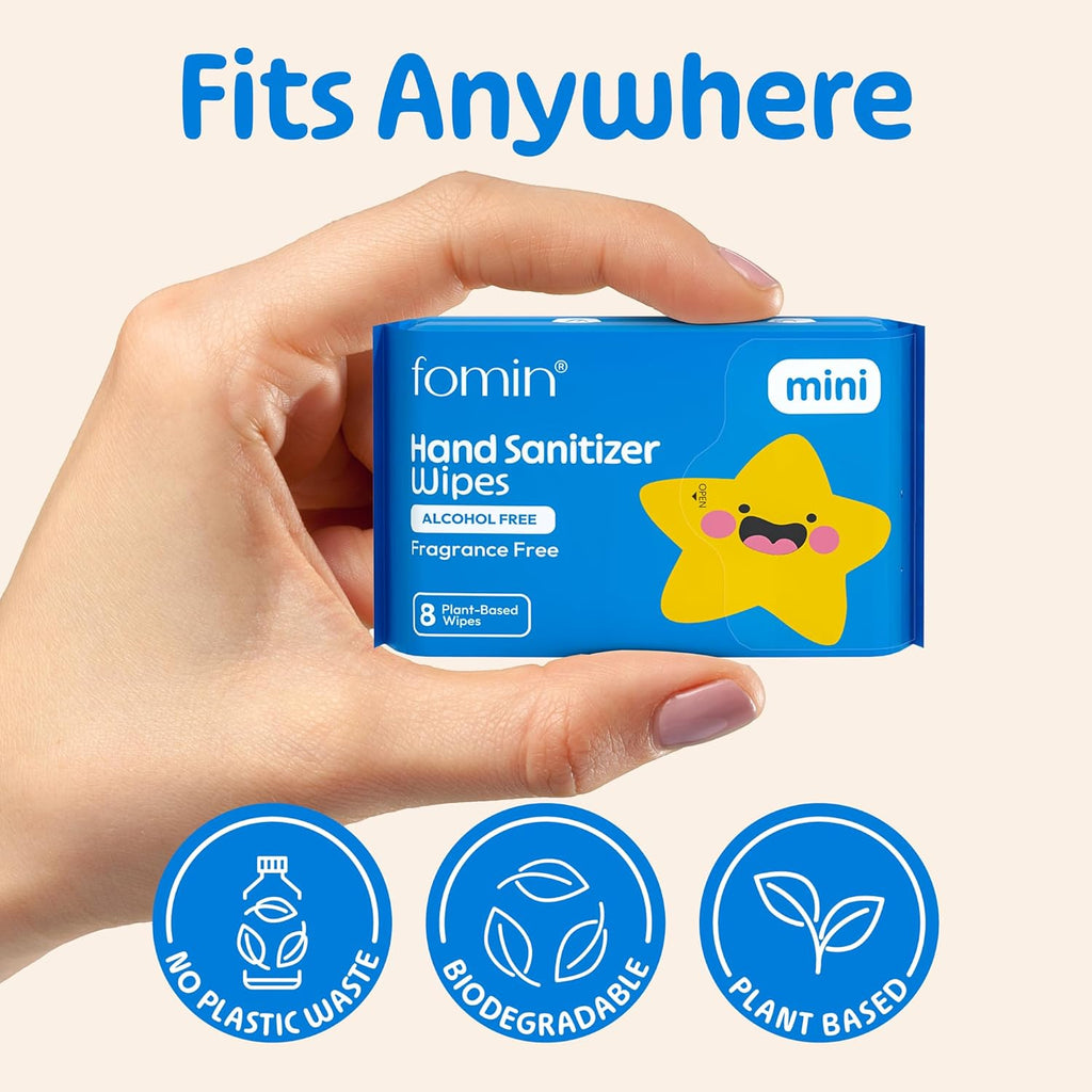 Fomin Mini Hand Sanitizer Wipes 8 Pack (8 Count) - Fragrance Free Mini Wet Wipe - pH Balanced