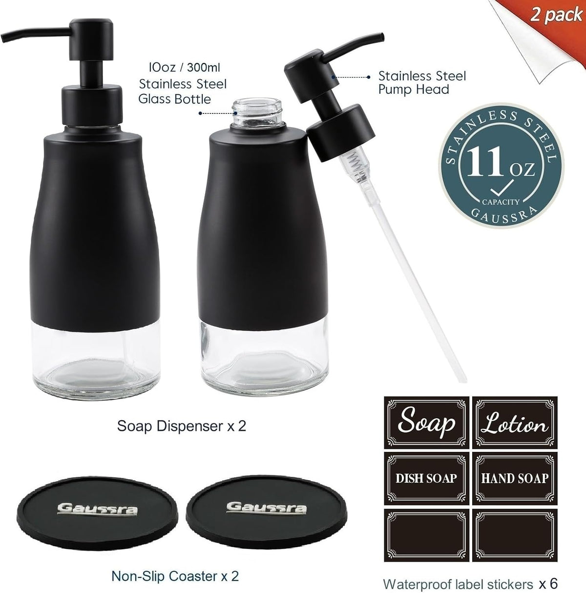 Gaussra Black Soap Dispenser with Coaster and Stickers, Dish Soap Dispenser for Kitchen, Hand Soap