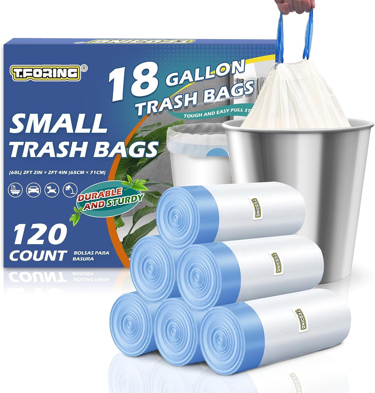 18 Gallon Trash Bags with Drawstring - 120 Count Heavy Duty 1.25 Mil Garbage Bags 68 Liter Tall