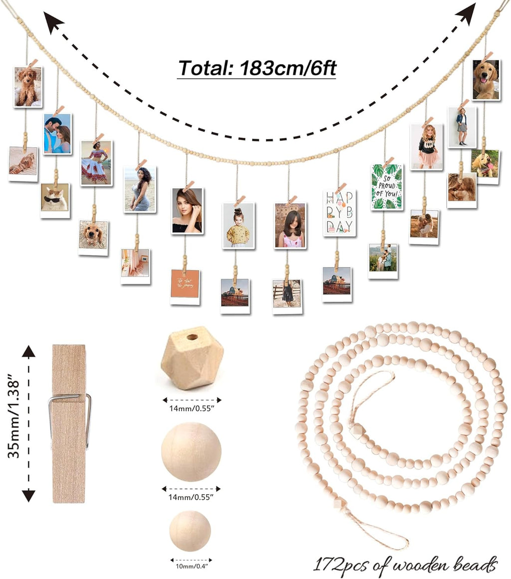 6 Feet Wooden Beads Garland with Clothespins Picture Cards Holder - Country Farmhouse Christmas