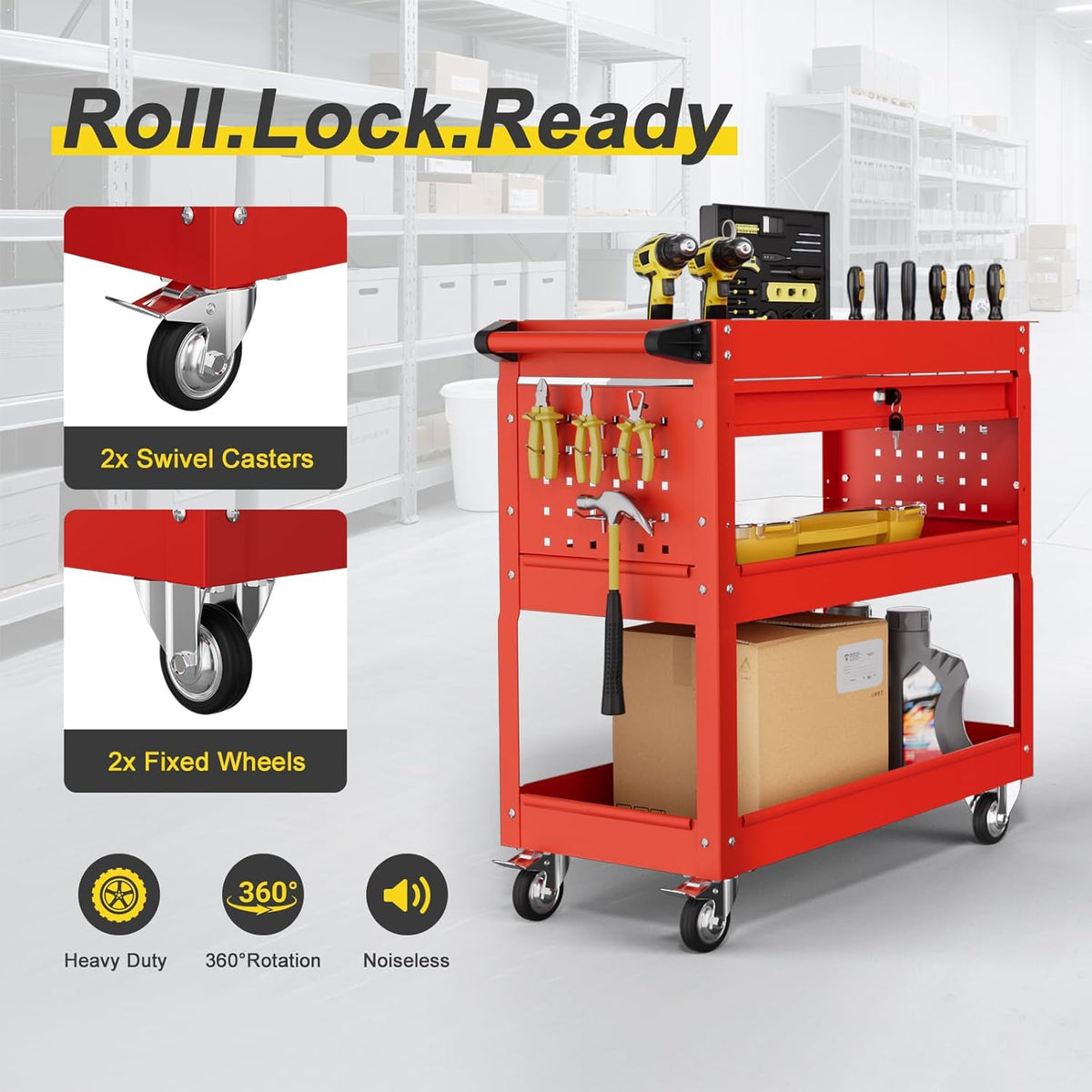 3-Tier Rolling Tool Cart with Drawers, Heavy Duty Utility Storage Cart with pegboard, Lockable