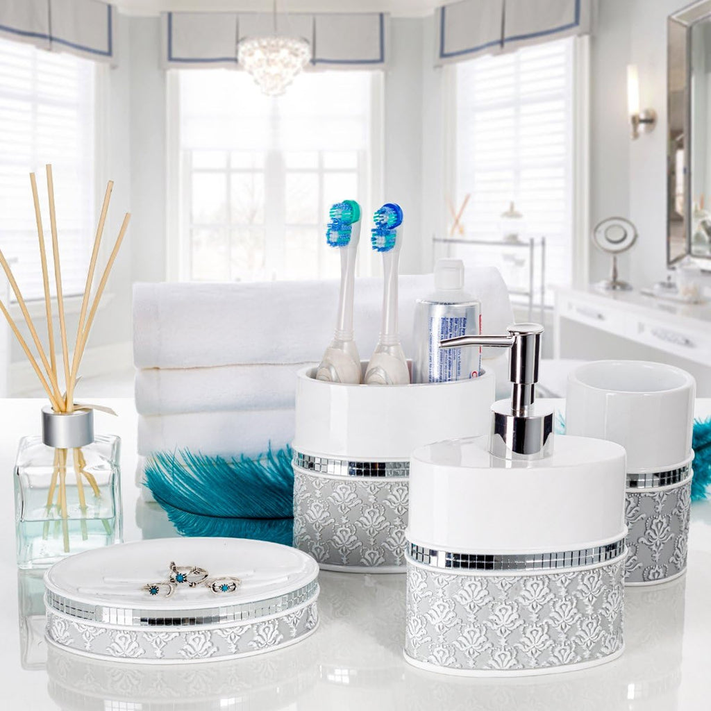 Creative Scents Mirror Damask Grey and White Soap Dispenser, Decorative Hand Soap Dispenser for