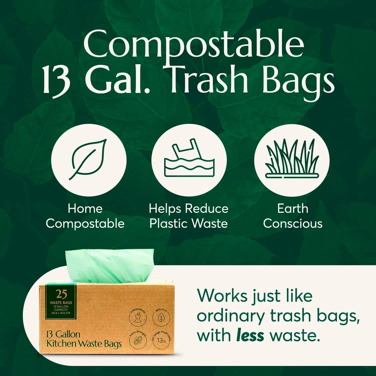 Cleanomic Compostable* Trash Bags with Drawstring (13 Gallon, 25 Units, Tall), BPI Certified For