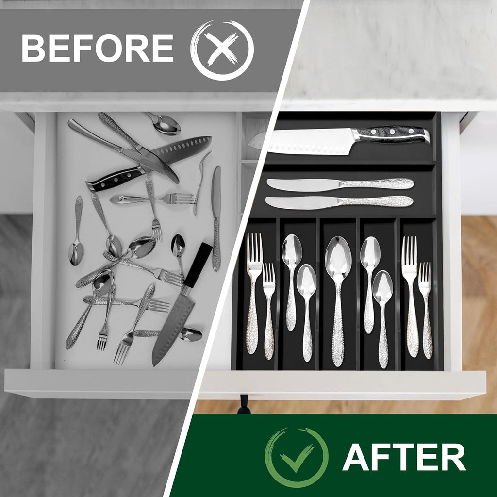Bellsal Black Utensil Organizer 12.5 Inch Silverware Tray for Drawer Utensil Holder Cutlery