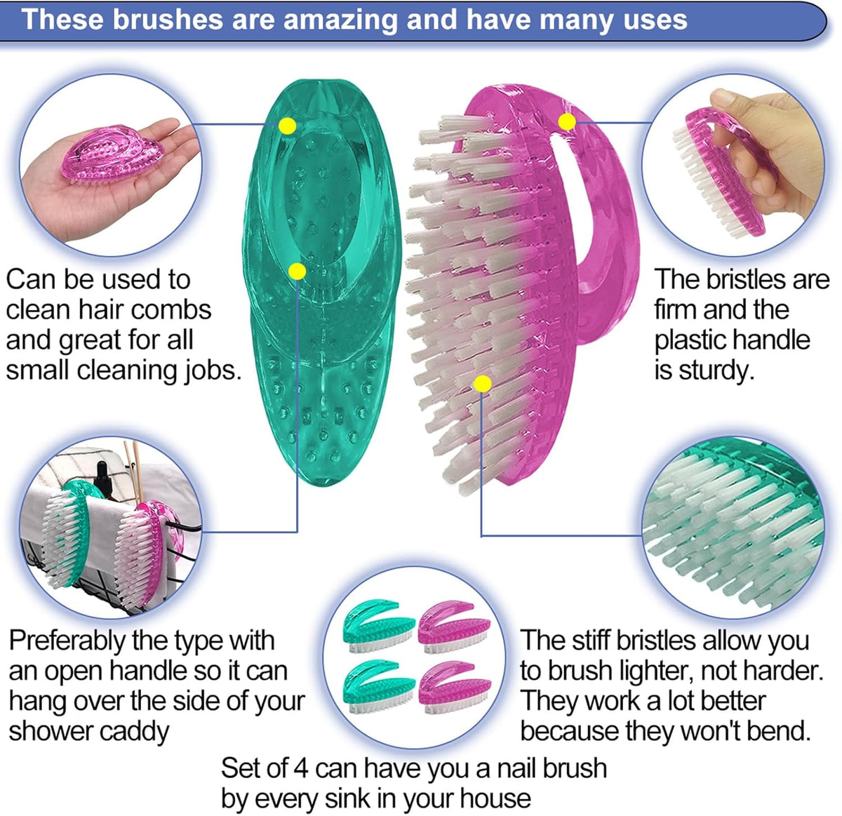 Handle Grip Nail Brush for Cleaning Fingernails Hands & Under Nails, Stiff Bristle Mechanic Scrub