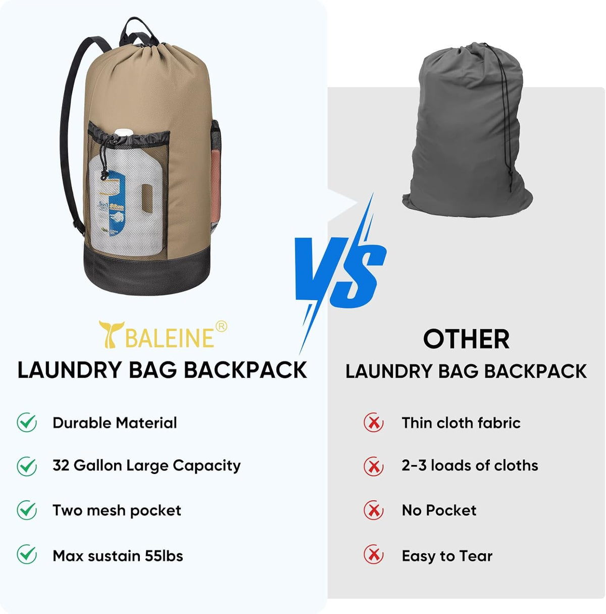 BALEINE 120L Laundry Bag Backpack, 900D Oxford Fabric Large Travel Laundry Bags with Shoulder