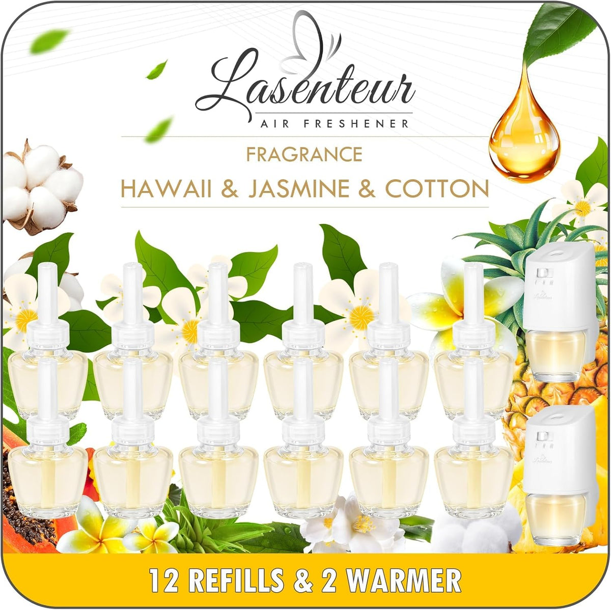 Plug in Air Fresheners Refills, Essential Oil Scented Refill with 2 Warmer, Jasmine, Hawaiian