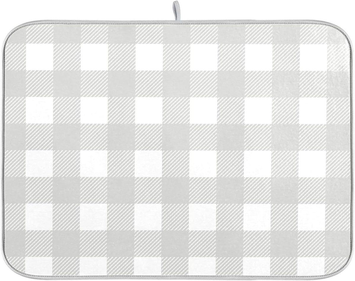 Buffalo Plaid Gray White Dish Drying Mat for Kitchen Countertop 16x18 Chessboard Rectangle Small
