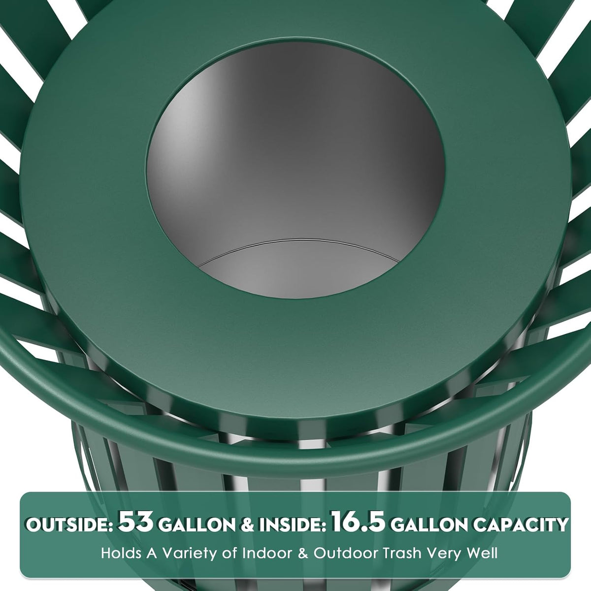 27.6IN Round Large Outdoor Trash Can, Heavy Duty Metal Slatted Garbage Can Outdoor, All Weather