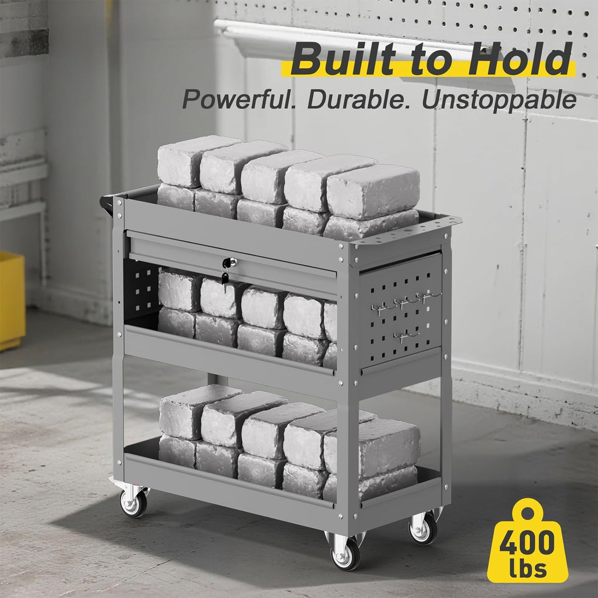3-Tier Rolling Tool Cart with Drawers, Heavy Duty Utility Storage Cart with pegboard, Lockable