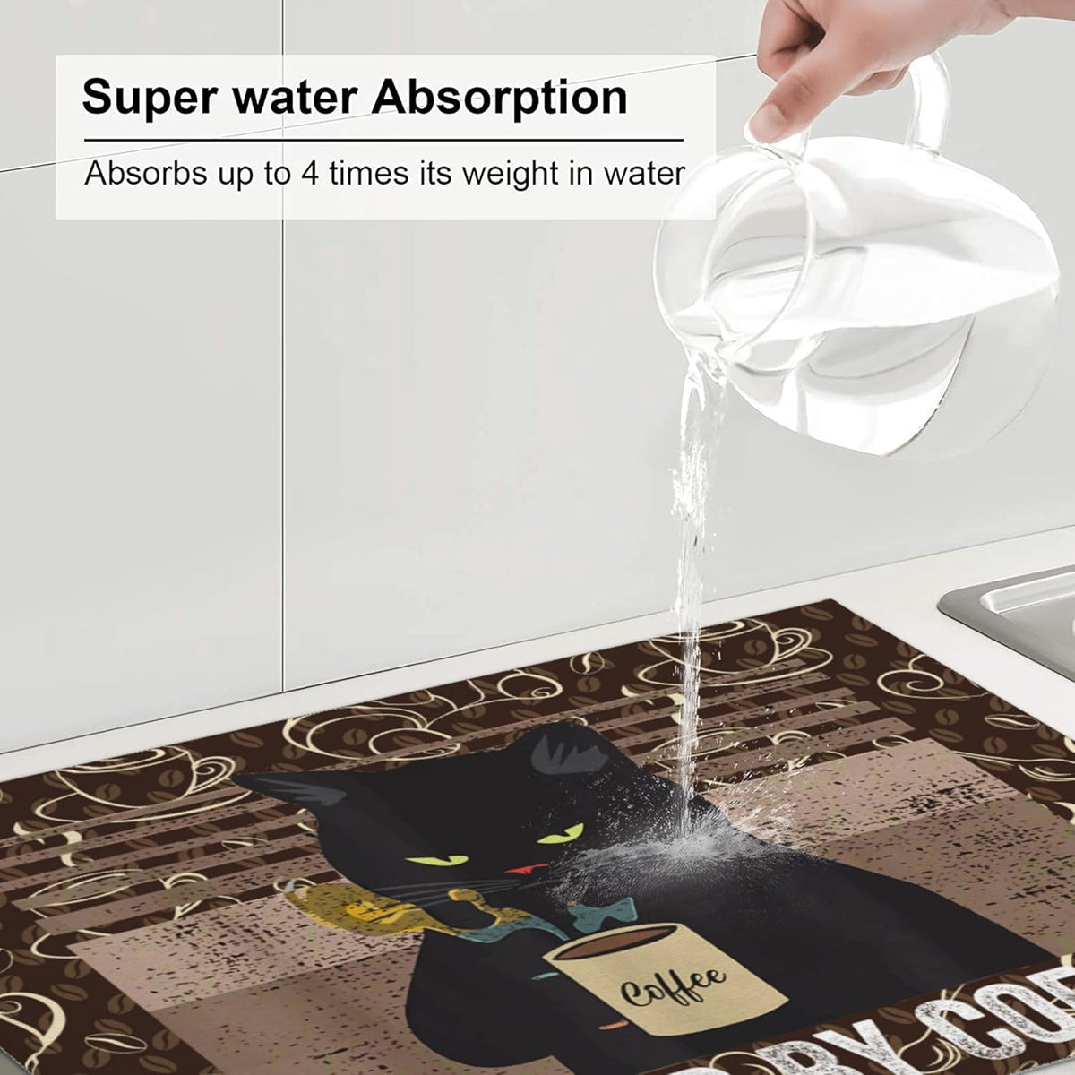 Vintage Cat Dish Drying Mat for Kitchen Counter Absorbent Reversible Retro Coffee Drying Pad