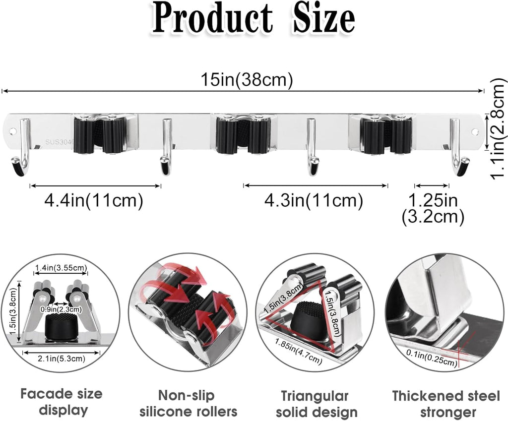 3 Racks and 4 Hooks Broom and Mop Holder Wall Mounted Garage Organizer Storage Tool Racks Stainless