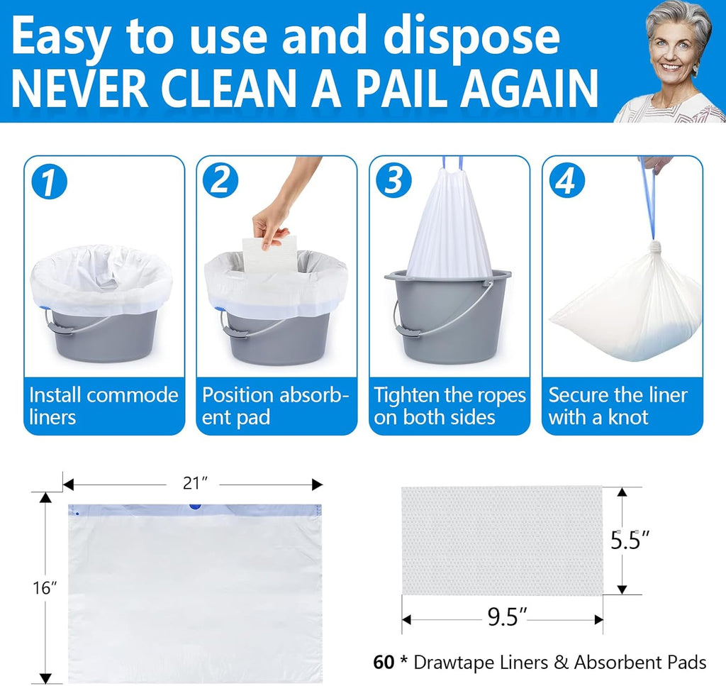 Commode Liners with Highly Absorbent Pads - [Pack of 60] - Bedside Commode Liners Disposable