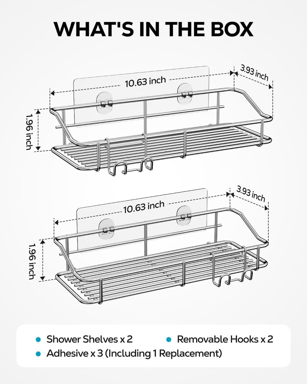 Nieifi Shower Caddy Shelf Storage Rack Adhesive Without Drilling Stainless Steel with Hooks for