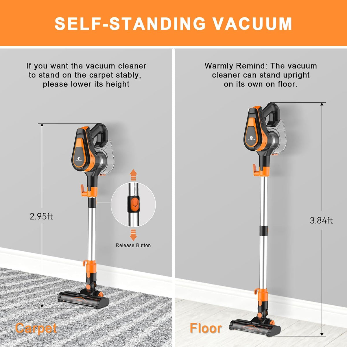 23Ft Corded Vacuum Cleaner, 600W Powerful Self-Standing Stick Vacuum for Home with 20Kpa Suction, 2