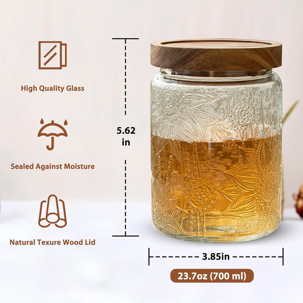 24 OZ/2 PCS Glass Storage Jar with Airtight Bamboo Wooden Lids, Vintage Food Containers Canisters