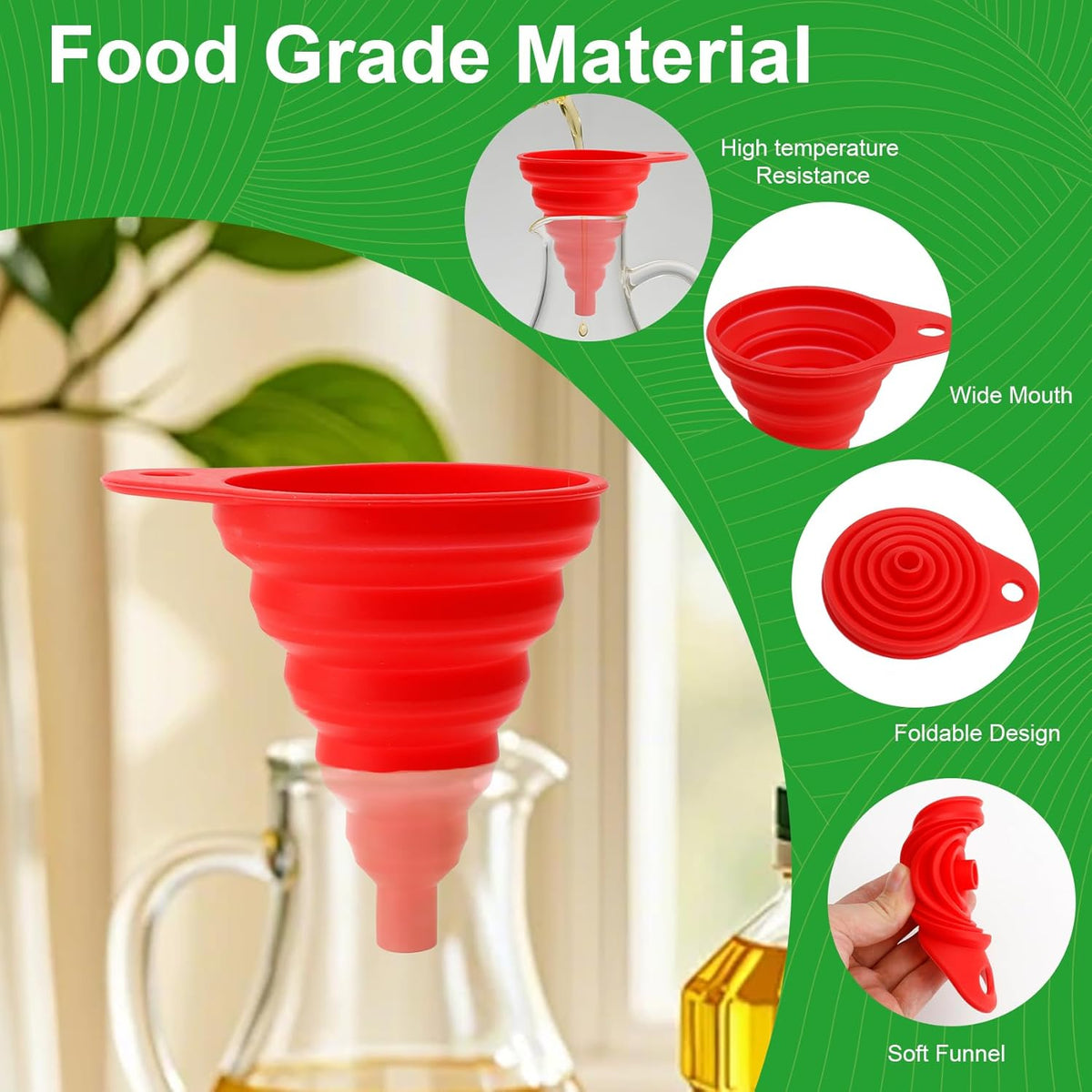 Kitchen Funnel Set of 4, Food Grade Foldable Small and Large Funnel Colorful Silicone Collapsible