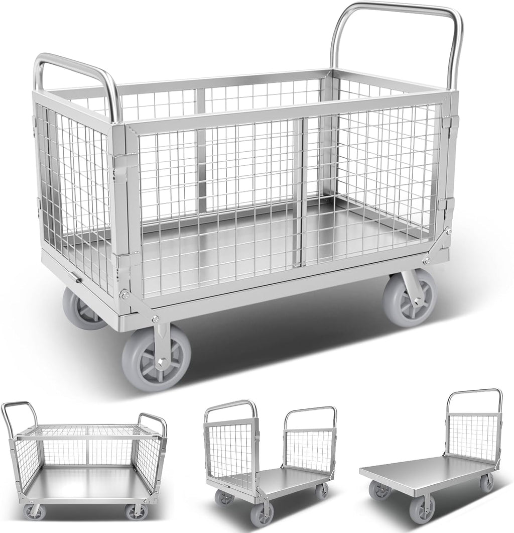 Platform Truck Cart with Cage, 6 in1 Foldable Flatbed Cart Heavy Duty Push Cart Dolly W/Swivel