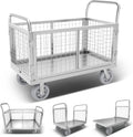 Platform Truck Cart with Cage, 6 in1 Foldable Flatbed Cart Heavy Duty Push Cart Dolly W/Swivel