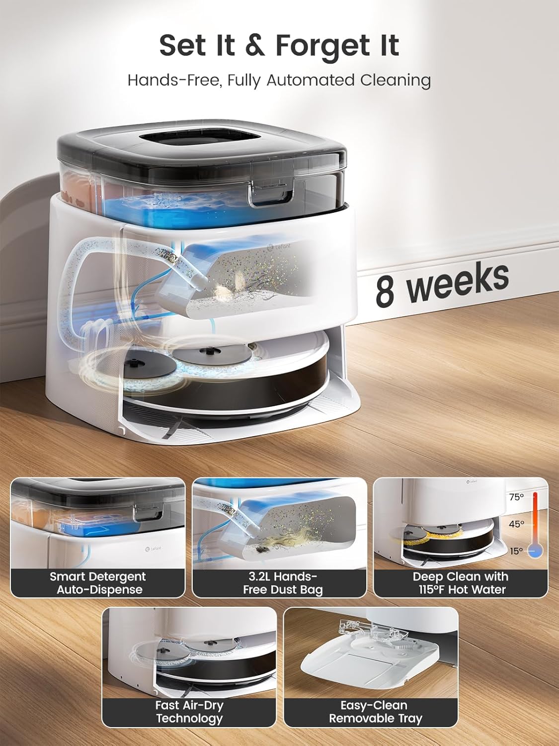 Lefant Robot Vacuum and Mop, 12000Pa Suction, Self Emptying, Auto Mop Washing and Drying for