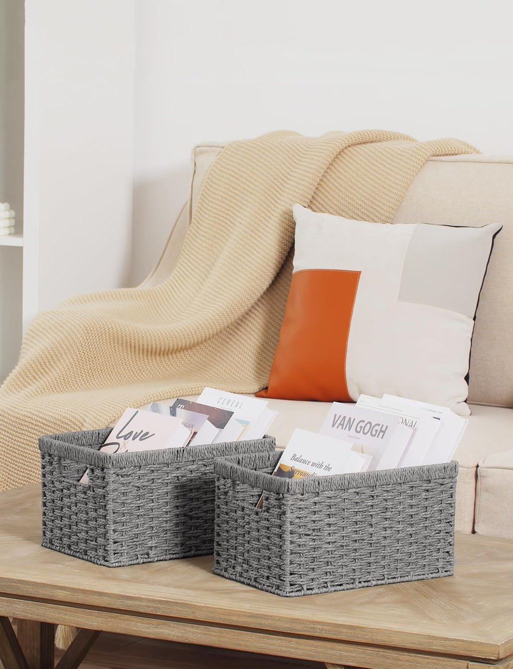 StorageWorks Round Paper Rope Storage Baskets, Rectangular Wicker Baskets with Built-in Handles