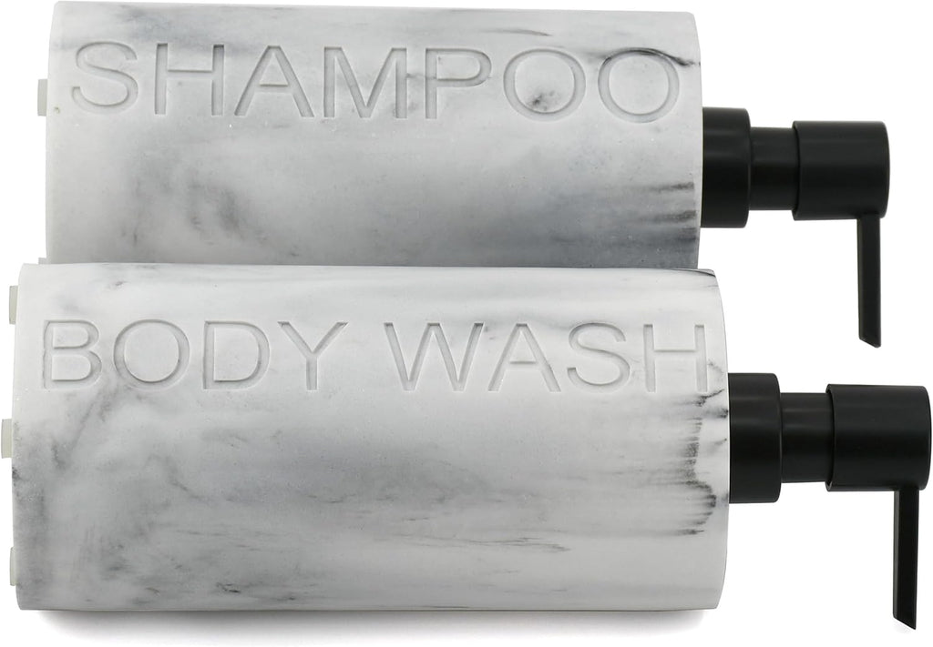 Marble Resin 2 Piece Shampoo and Body Wash Dispenser Set, Luxurious Refillable Pump Bottles with