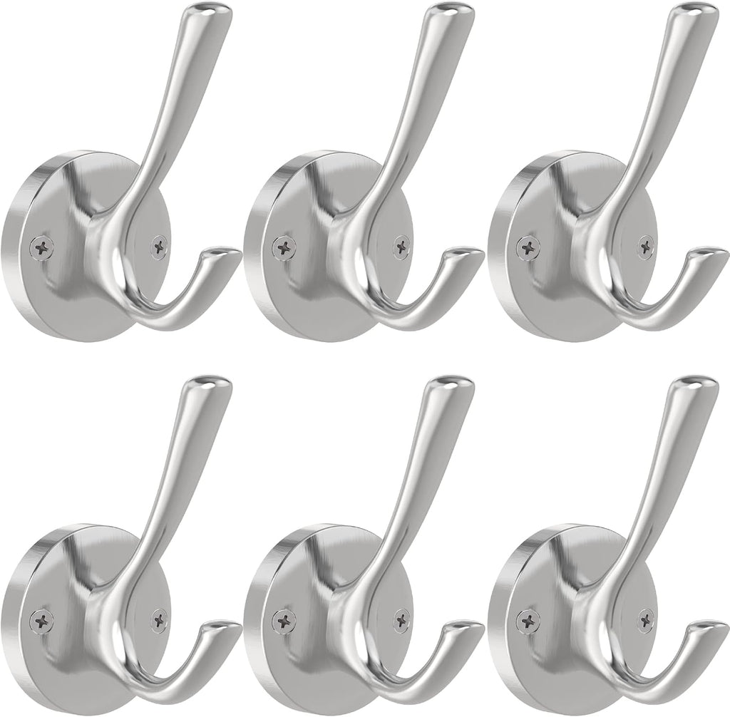 Brushed Nickel Wall Hooks, 6 Pack Coat Robe Hook Heavy Duty Metal Double Bath Hook Wall Mounted