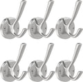 Brushed Nickel Wall Hooks, 6 Pack Coat Robe Hook Heavy Duty Metal Double Bath Hook Wall Mounted