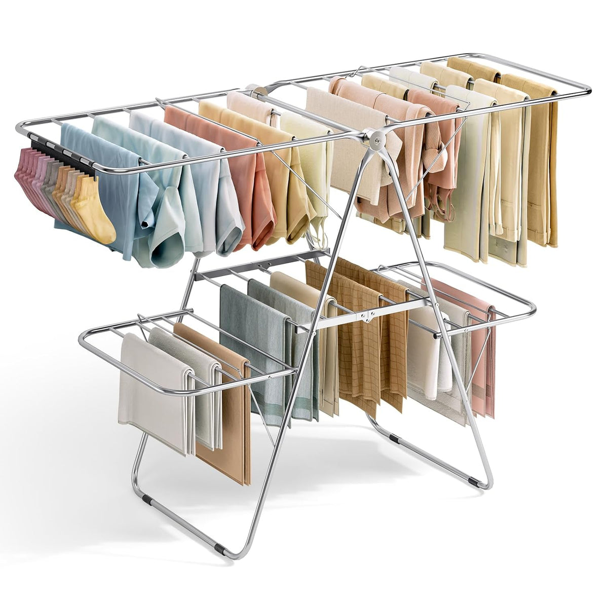 APEXCHASER Clothes Drying Rack with 4 Wings, Stainless Steel Drying Rack Clothing with Sock Clips
