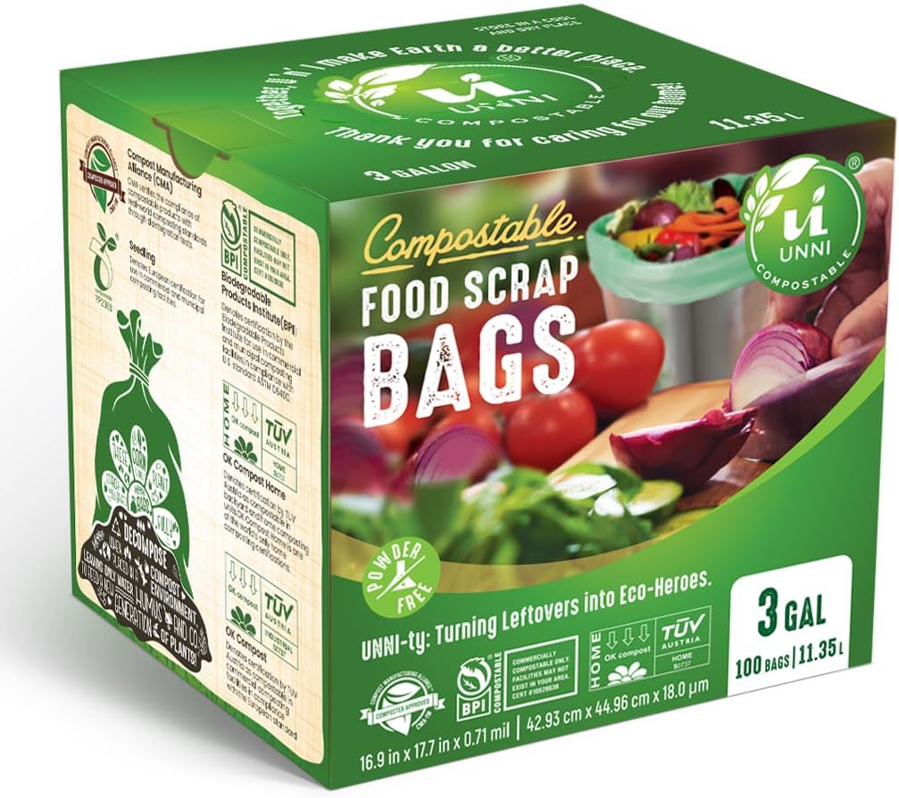 UNNI Compostable Trash Bags, 3 Gallon / 11.35 Liter, 100 Count, Extra Thick 0.71 Mil Small Kitchen