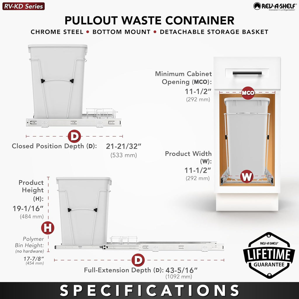 Rev-A-Shelf Pullout Trash Can for Under Kitchen Cabinets 35 Qt Garbage Waste Recyling Bin with Full