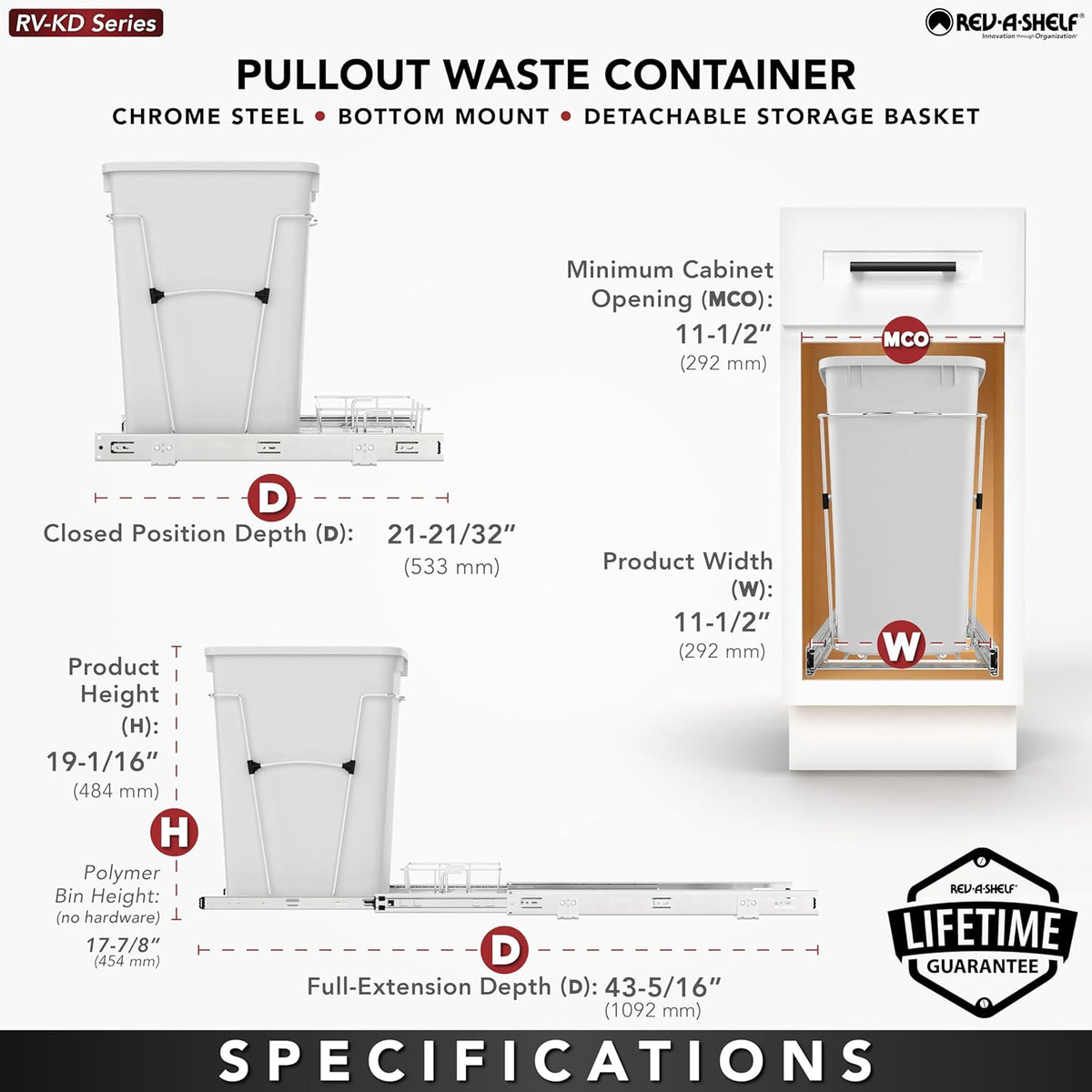Rev-A-Shelf Pullout Trash Can for Under Kitchen Cabinets 35 Qt Garbage Waste Recyling Bin with Full