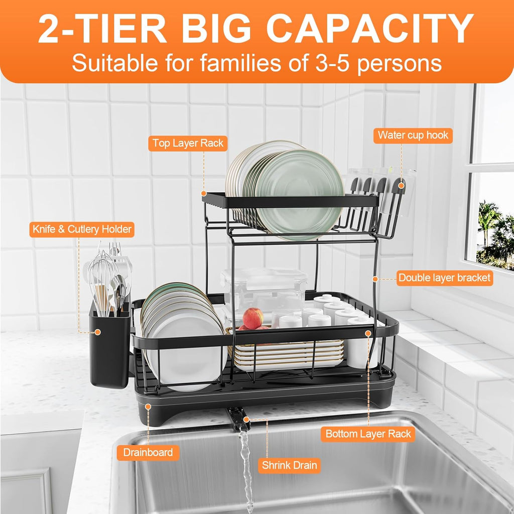 Dish Drying Rack Two-Tier Drying Rack with Utensil Holder, Auto-Draining Dish Rack for Kitchen