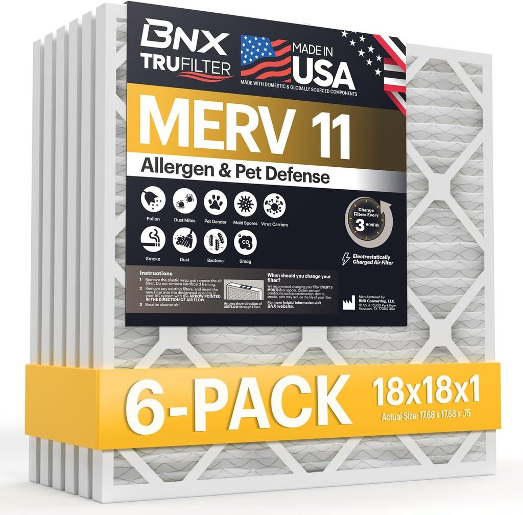 BNX TruFilter 18x18x1 Air Filter MERV 11 (6-Pack) - MADE IN USA - Allergen Defense Electrostatic