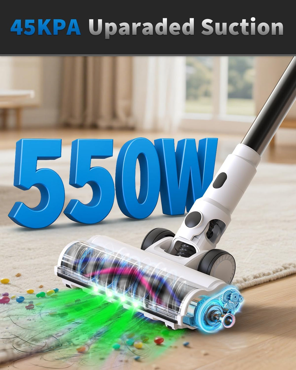 Cordless Vacuum Cleaner, 2 Batteries 110 Mins Runtime Vacuum Cleaners for Home, 550W 45KPA 15-in-1