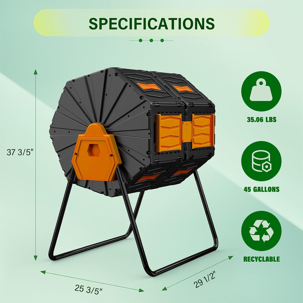 Compost Bin Outdoor, 45 Gallon / 170L Composter Tumbler, 360° Rotating Compost Bin Outdoor