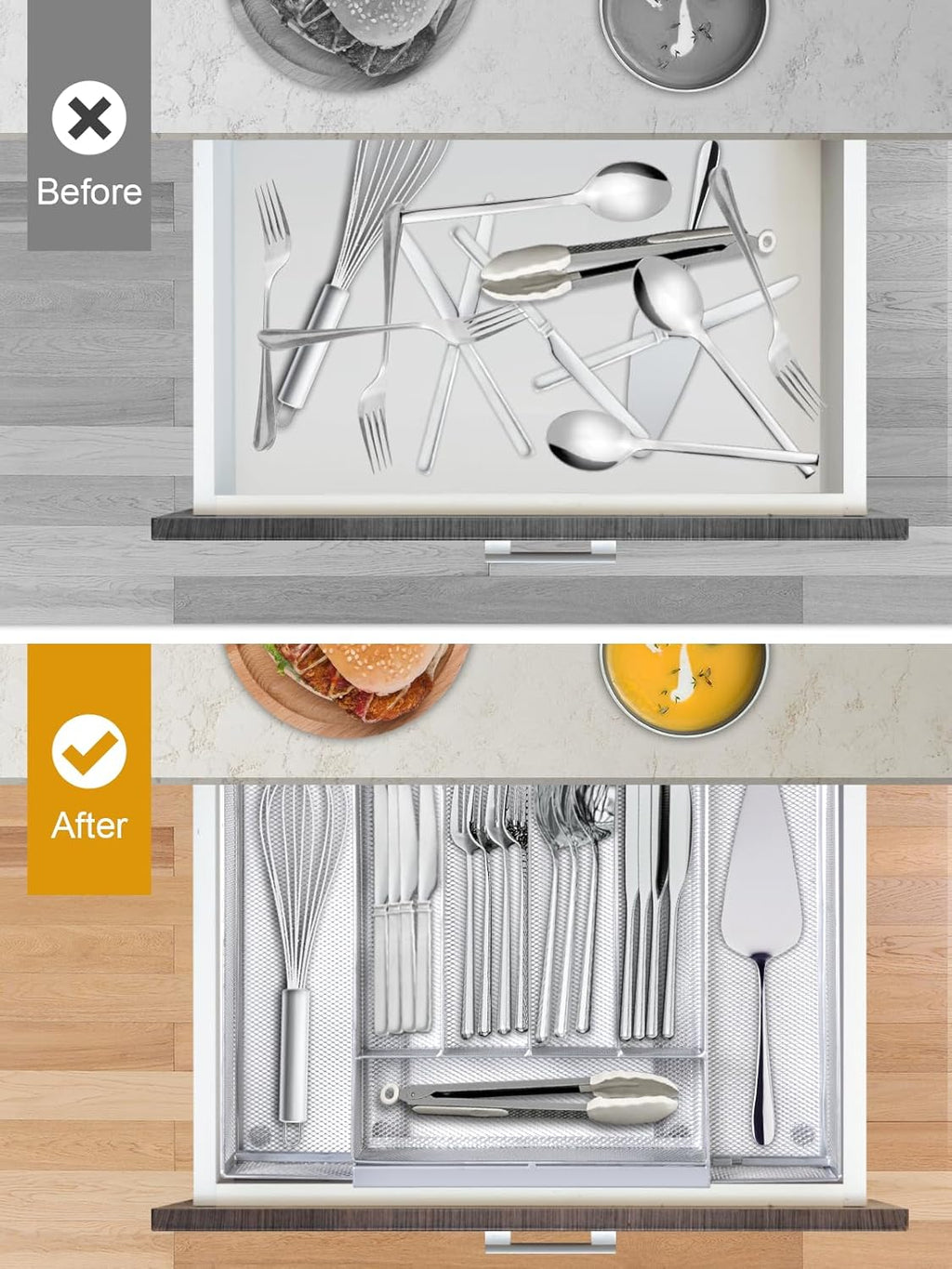 Silverware Organizer Metal Mesh, Drawer Organizer, Utensil Cutlery Tray Expandable Flatware
