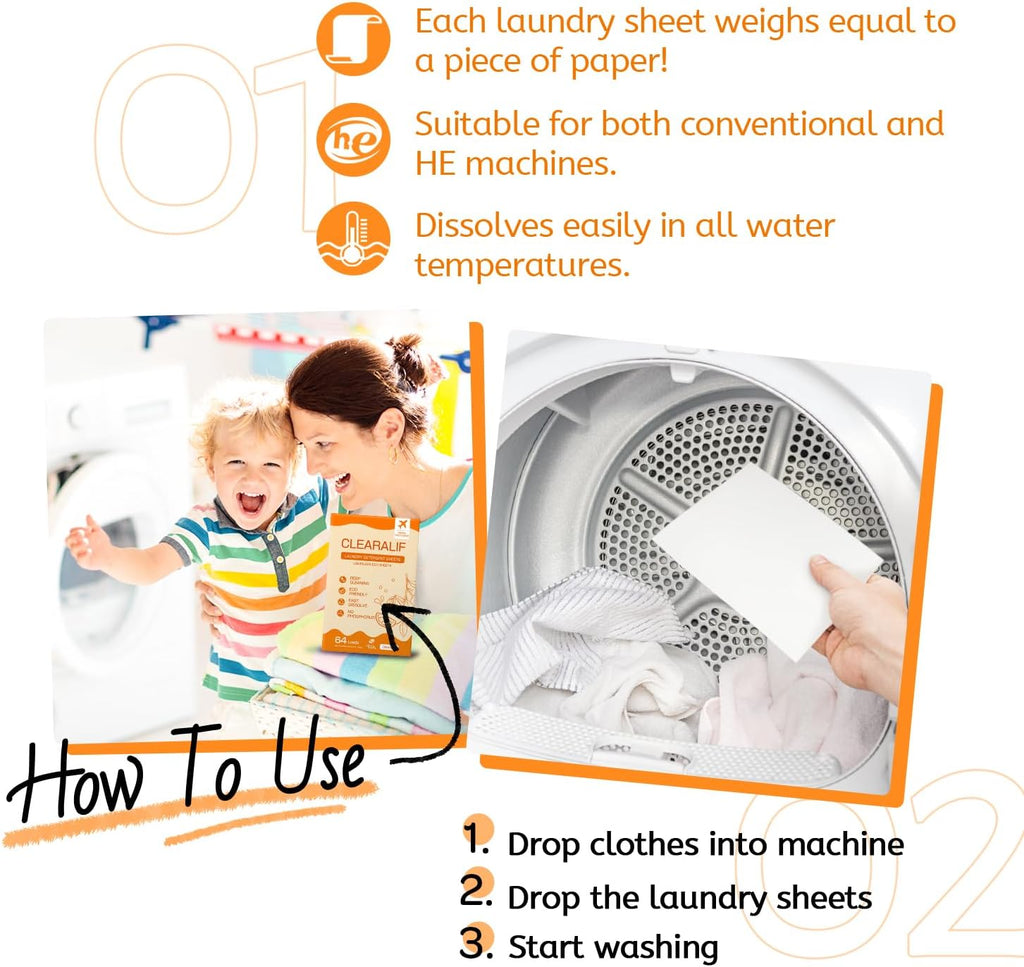 CLEARALIF Laundry Detergent Sheets, Orange, 64 Load, CLEARALIF Laundry Detergent Strips Eco
