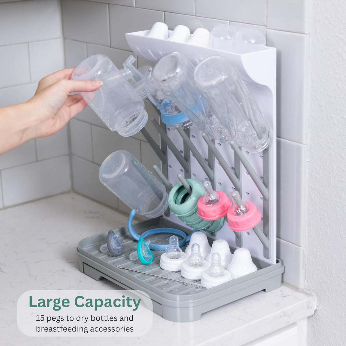 Baby Bottle Drying Rack – Large Vertical Bottle Dryer for 15 Bottles, Space-Saving Countertop Rack