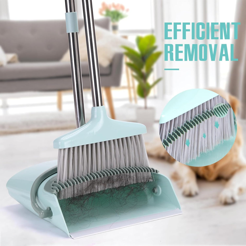 XXXFLOWER Broom and Dustpan Set with Cleaning Teeth, 55" Long Handle Indoor Sweeping Combo for Home