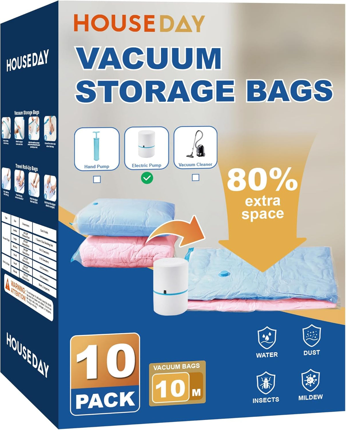 HOUSE DAY 10 Medium Vacuum Seal Bags For Clothing Travel, 80% Space Saving Travel Vacuum Bags with