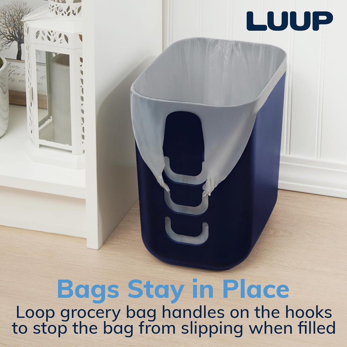 STORi Luup Bathroom Wastebasket, Secure Grocery Bags, Plastic Garbage Container for Vanity, Laundry