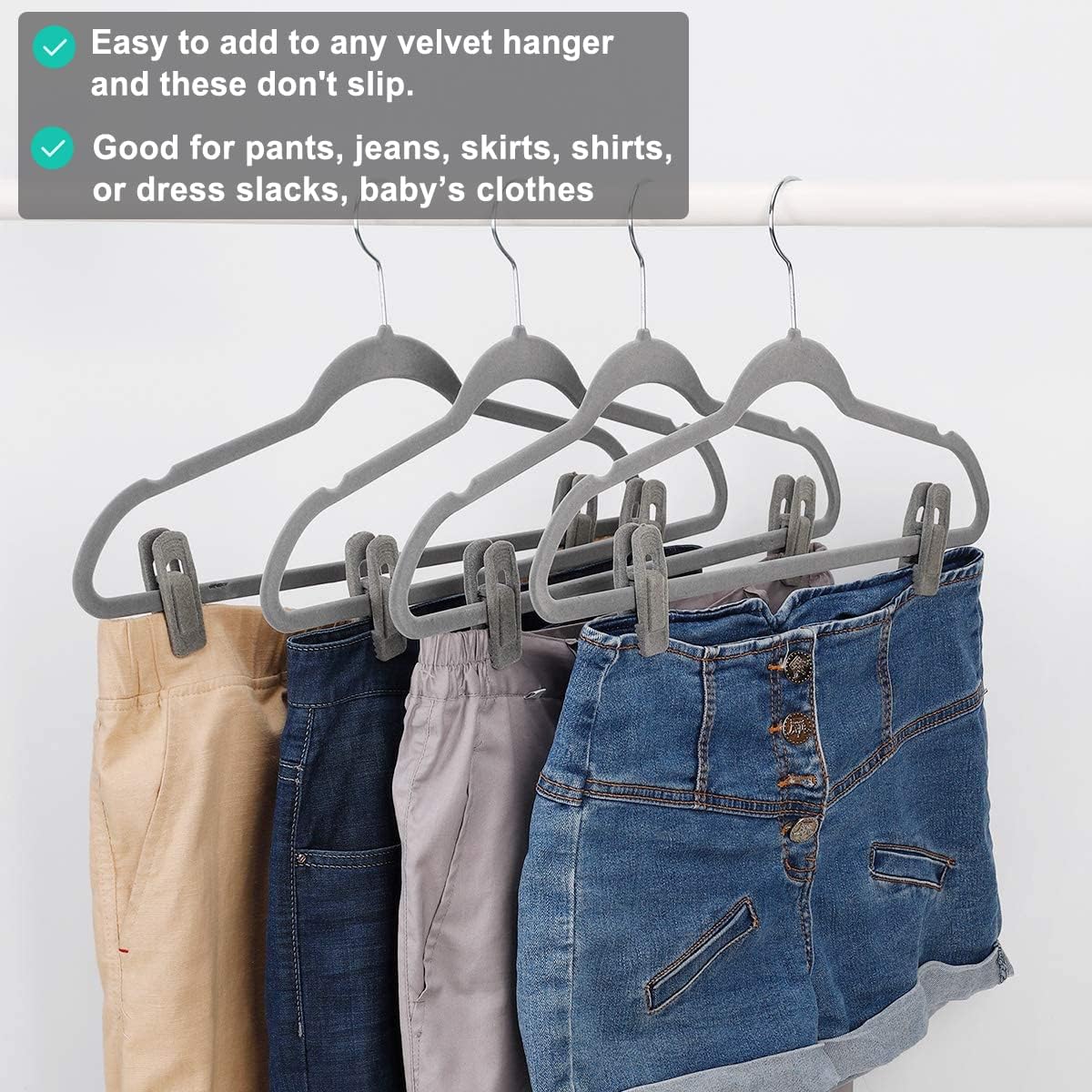 Grey Velvet Clips for Velvet Hangers - 20 PCS Gray Non Slip Velvet Hanger Clip, Pants Hanger Velvet