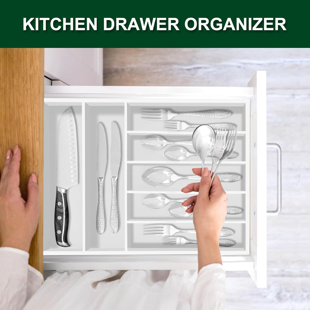 Bellsal White Utensil Organizer 12.5 Inch Silverware Tray for Drawer Utensil Holder Cutlery