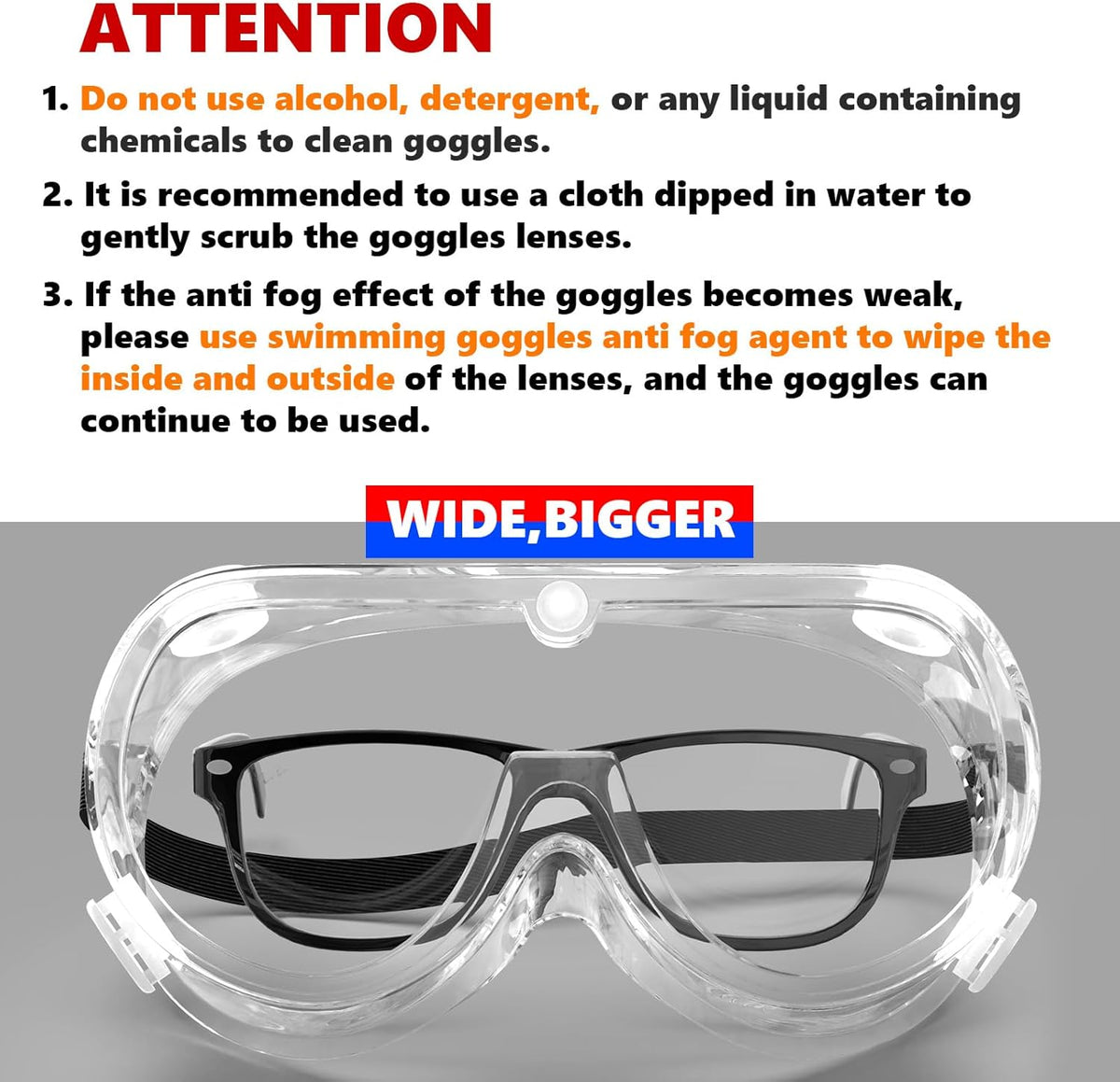 Super More 3PCS Anti-Fog Protective Safety Goggles Clear Lens Wide-Vision Adjustable Chemical