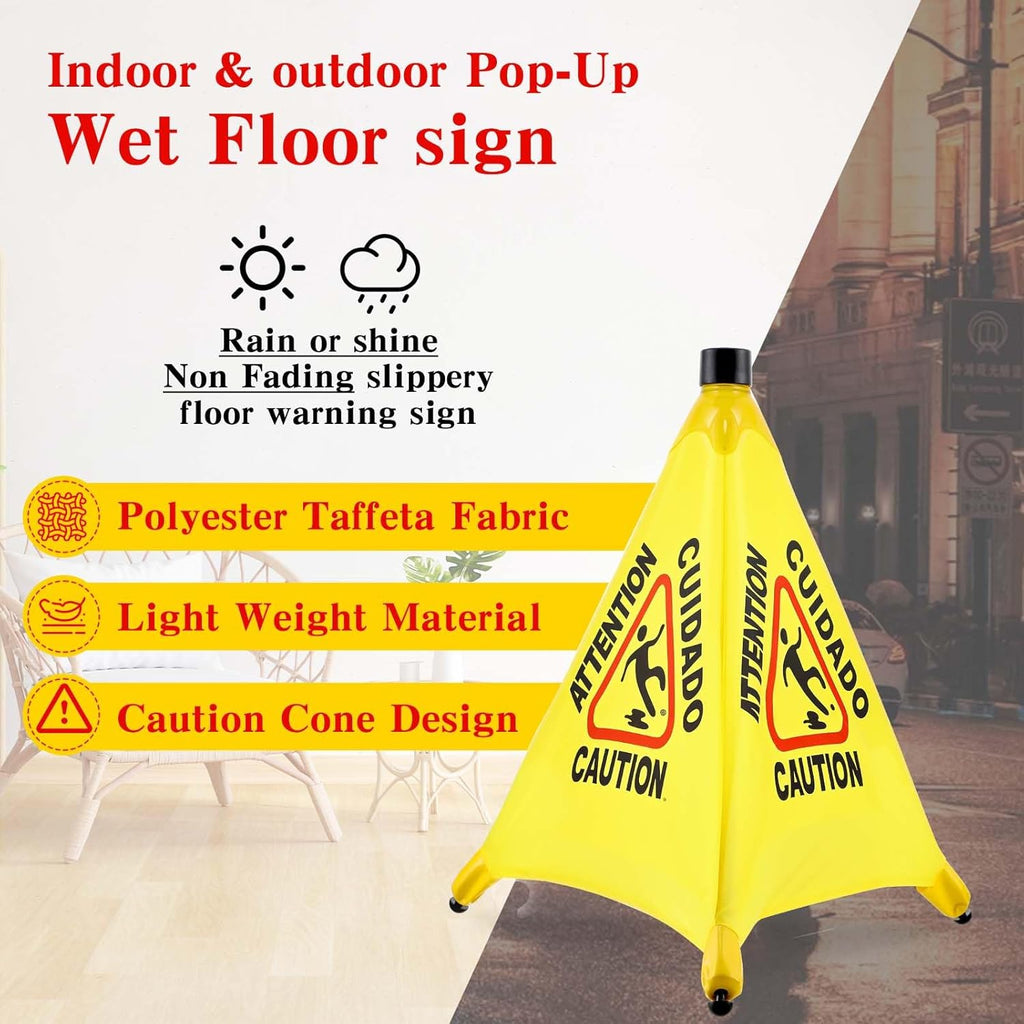 4-Packs Wet Floor Signs 20 Inch, Pop UP Bilingual Yellow Caution Wet Floor Sign with Wall Mounted