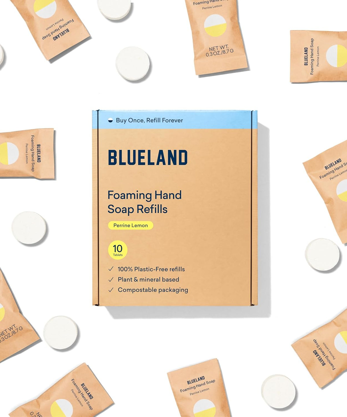 BLUELAND Foaming Hand Soap Refill Tablets, 10-Pack, Perrine Lemon Scent, Eco Friendly Cleaning