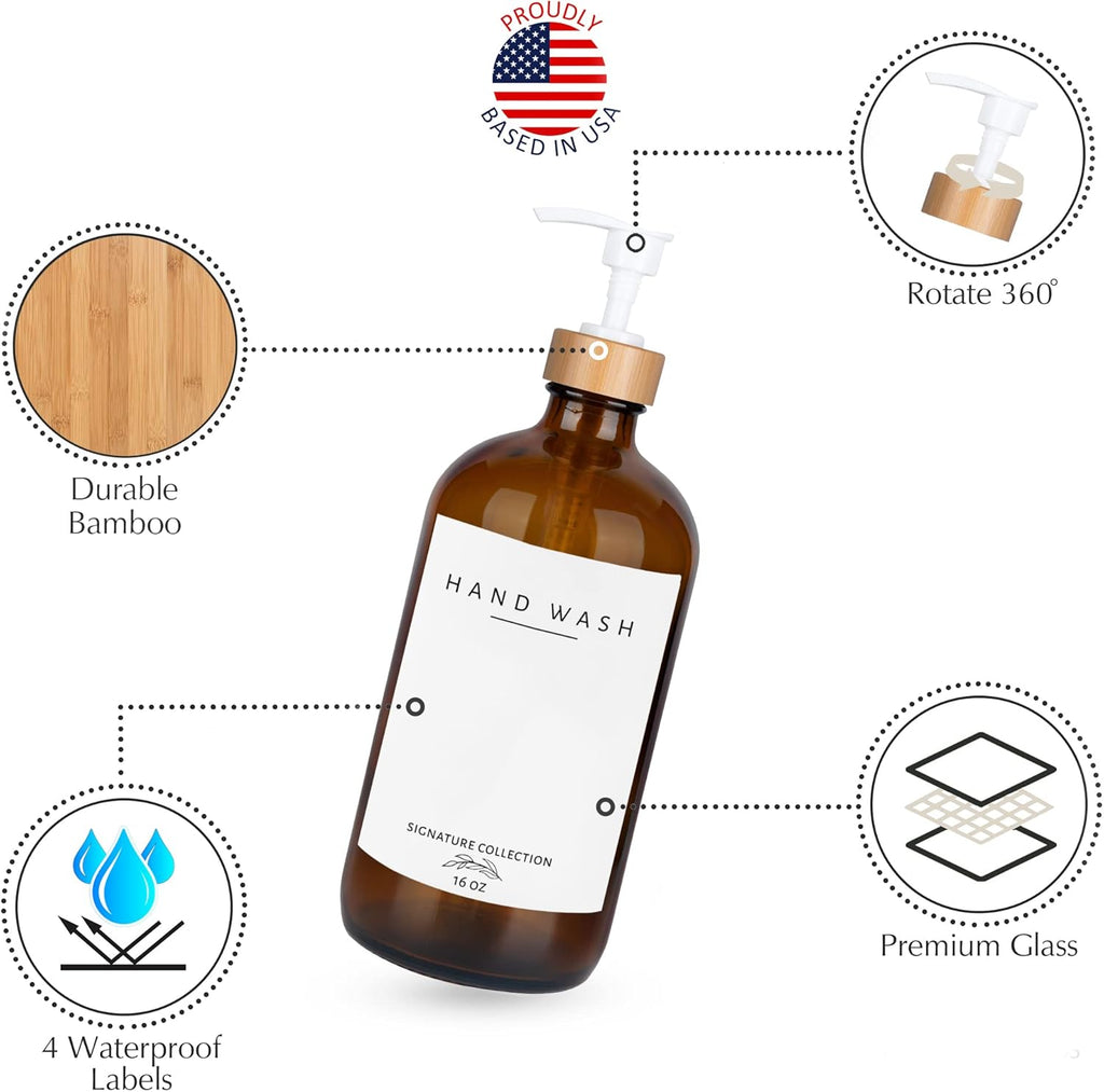 Emerson Glass Soap Dispenser Set - Kitchen & Bathroom, 16 Oz, 2 Pack with Pump and Labels